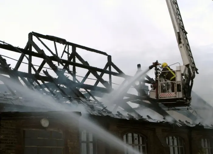 Framed Print : Hydraulic lift in action at a fire, London Framed Print : Hydraulic lift in action at a fire, London