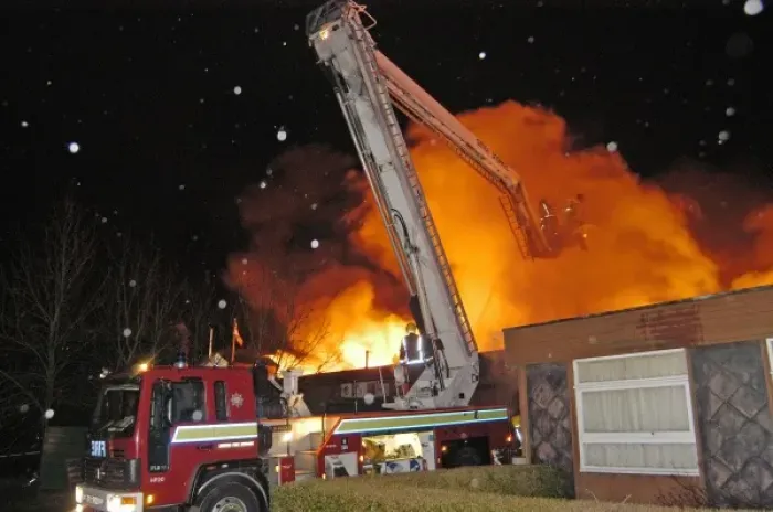 Framed Print : Hydraulic platform at work on fire at commercial premises Framed Print : Hydraulic platform at work on fire at commercial premises