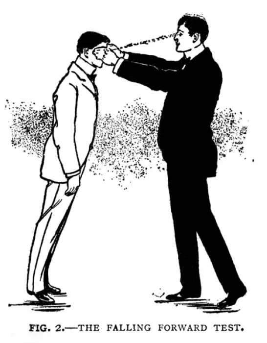 Framed Print : Hypnotism, the falling forward test Date: 1900