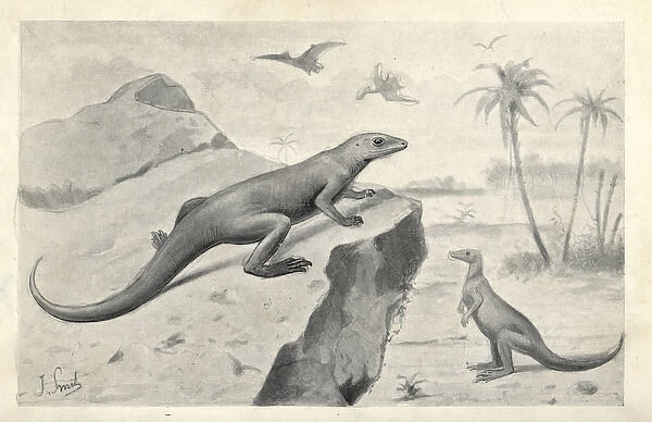 Hypsilophodon foxii dinosaurs and flying pterodactyls