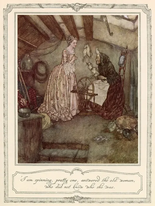 Framed Print : I am spinning, pretty one, answered the old woman, who did not know who she was. Sleeping Beauty meets the old woman with the spinning wheel. Date: 1911 Framed Print : I am spinning, pretty one, answered the old woman, who did not know who she was. Sleeping Beauty meets the old woman with the spinning wheel. Date: 1911