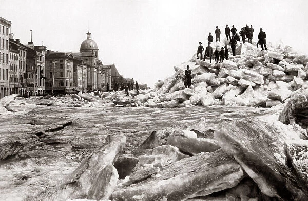 Ice Shove, Montreal Harbour, Canada circa 1890. Date: circa 1890
