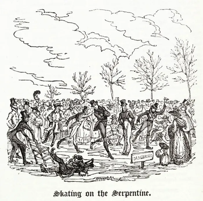 Framed Print : Ice skaters in Hyde Park, Serpentine lake, London. Date: 1825 Framed Print : Ice skaters in Hyde Park, Serpentine lake, London. Date: 1825
