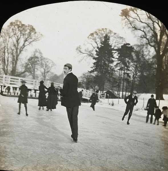 Ice skaters skate over a frozen river