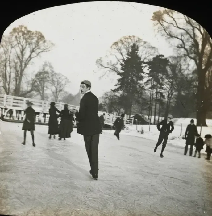 Framed Print : Ice skaters skate over a frozen river Framed Print : Ice skaters skate over a frozen river