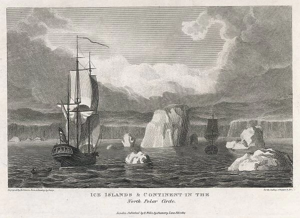 Icebergs in 1814. A sailing ship among icebergs in the Arctic