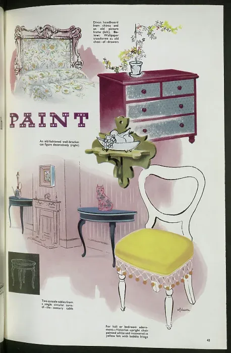 Framed Print : Ideas for transforming furniture using colourful chintz, wallpaper and paint. Date: 1954 Framed Print : Ideas for transforming furniture using colourful chintz, wallpaper and paint. Date: 1954