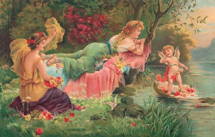 Framed Print : Two Idyllic Women and a cupid Framed Print : Two Idyllic Women and a cupid
