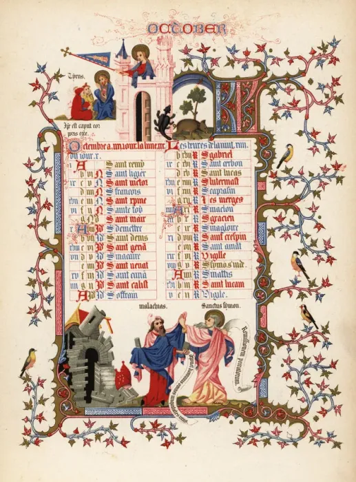 Framed Print : Illuminated calendar for October 1846 Framed Print : Illuminated calendar for October 1846