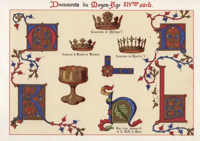 Framed Print : Illuminated letters, crowns of Philippe V Framed Print : Illuminated letters, crowns of Philippe V