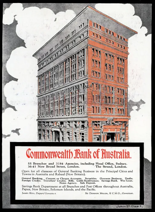 Framed Print : An illustrated advertisement for the Commonwealth Bank of Australia, showing the large business premises, and promoting all kinds of banking services. Date: circa 1921 Framed Print : An illustrated advertisement for the Commonwealth Bank of Australia, showing the large business premises, and promoting all kinds of banking services. Date: circa 1921
