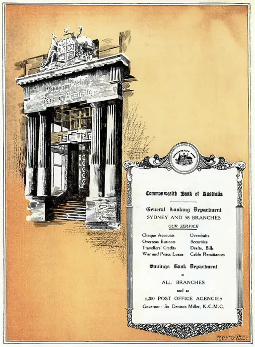 Framed Print : An illustrated advertisement which shows the grand entrance to the Commonwealth Bank of Australia. Date: circa 1921 Framed Print : An illustrated advertisement which shows the grand entrance to the Commonwealth Bank of Australia. Date: circa 1921