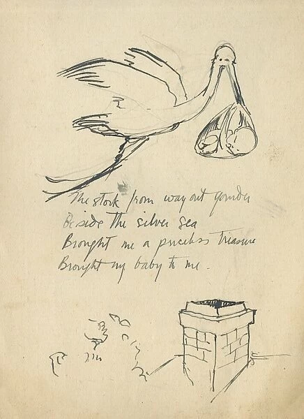 Illustrated page, stork and baby, by Muriel Dawson