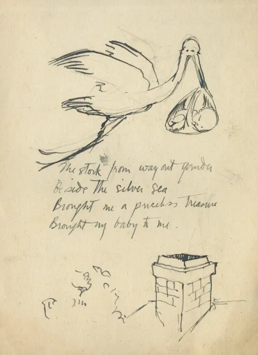 Framed Print : Illustrated page, stork and baby, by Muriel Dawson Framed Print : Illustrated page, stork and baby, by Muriel Dawson
