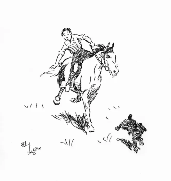 Framed Print : Illustration, boy sliding off a pony Framed Print : Illustration, boy sliding off a pony