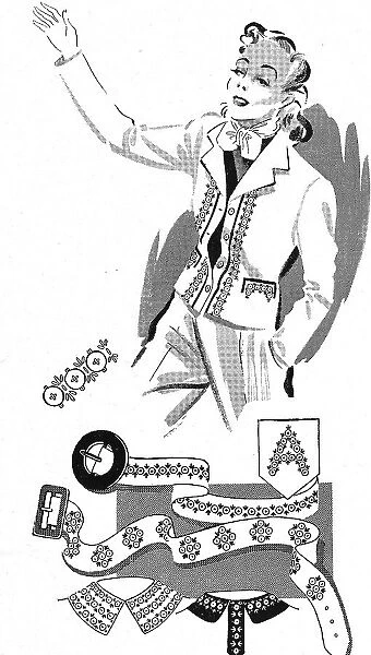 Illustration of how buttons can be used as decorative trims to garments. Date: 1940