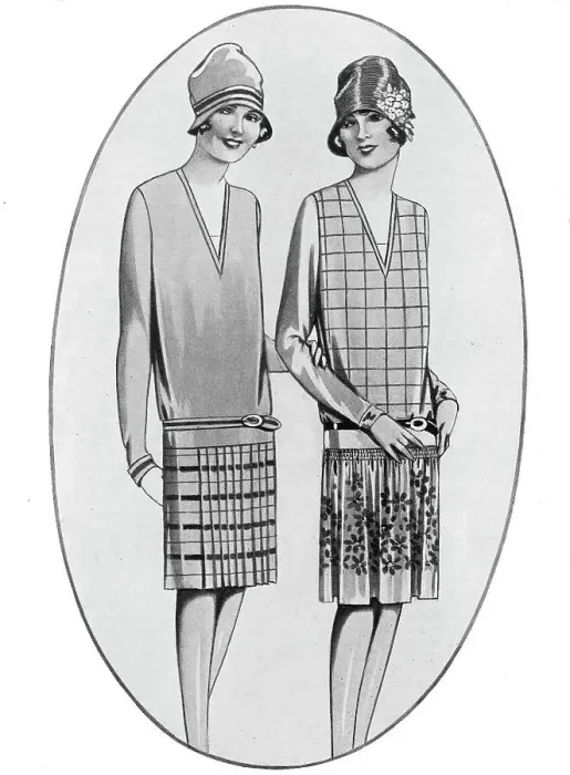 Framed Print : Illustration of two dresses made using the same dress pattern. Date: 1920s Framed Print : Illustration of two dresses made using the same dress pattern. Date: 1920s