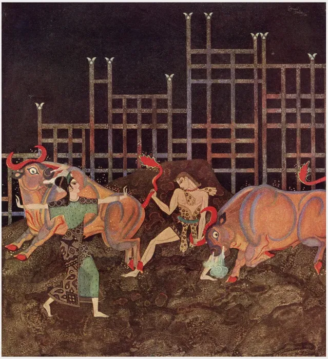 Framed Print : Illustration by Edmund Dulac to The Golden Fleece, in Tanglewood Tales by Nathaniel Hawthorne. Jason with the brazen bulls: He caught one of them by the horn and the other by his screwed-up tail. Date: 1918 Framed Print : Illustration by Edmund Dulac to The Golden Fleece, in Tanglewood Tales by Nathaniel Hawthorne. Jason with the brazen bulls: He caught one of them by the horn and the other by his screwed-up tail. Date: 1918