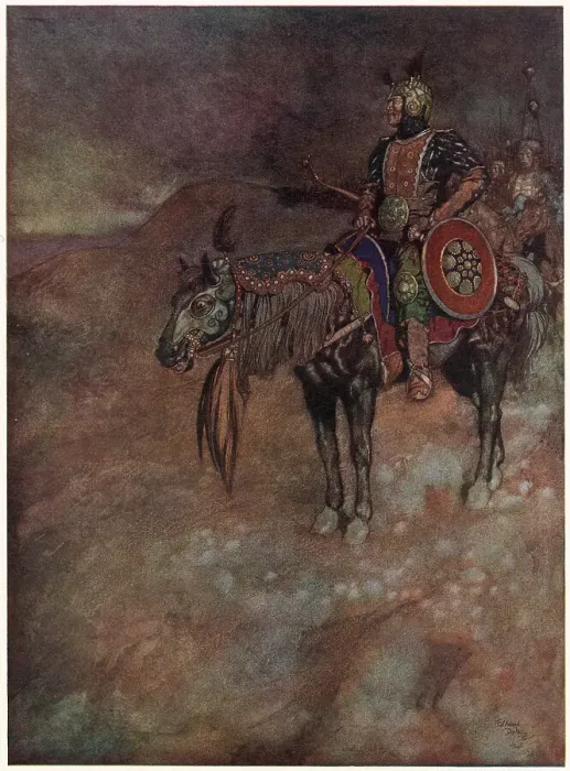 Framed Print : Illustration by Edmund Dulac to Tamerlane, a poem by Edgar Allan Poe. Tamerlane on horseback leading his army. Date: 1912 Framed Print : Illustration by Edmund Dulac to Tamerlane, a poem by Edgar Allan Poe. Tamerlane on horseback leading his army. Date: 1912