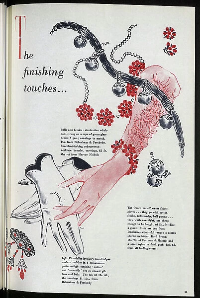 Illustration of fashionable women's gloves and jewellery. Date: 1954