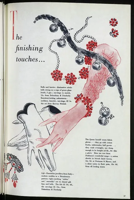 Framed Print : Illustration of fashionable women's gloves and jewellery. Date: 1954