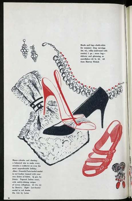 Framed Print : Illustration of fashionable women's shoes and jewellery. Date: 1954 Framed Print : Illustration of fashionable women's shoes and jewellery. Date: 1954