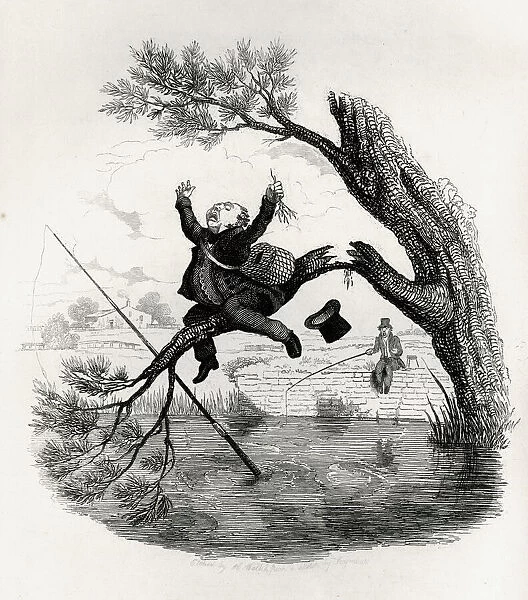 Illustration, Fisherman about to fall into the water