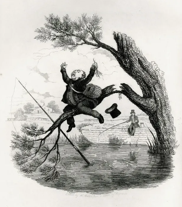 Framed Print : Illustration, Fisherman about to fall into the water Framed Print : Illustration, Fisherman about to fall into the water