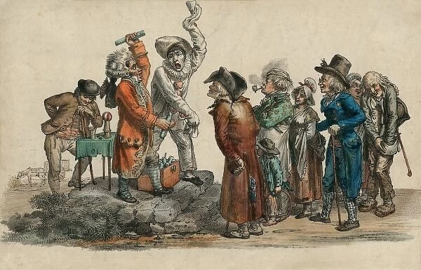Illustration of a French conjuror and clown with crowd