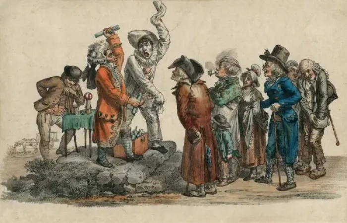 Framed Print : Illustration of a French conjuror and clown with crowd Framed Print : Illustration of a French conjuror and clown with crowd