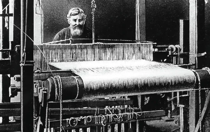 Framed Print : Illustration of hand loom weaver, Victorian period Framed Print : Illustration of hand loom weaver, Victorian period