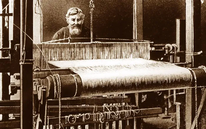 Framed Print : Illustration of hand loom weaver, Victorian period Framed Print : Illustration of hand loom weaver, Victorian period