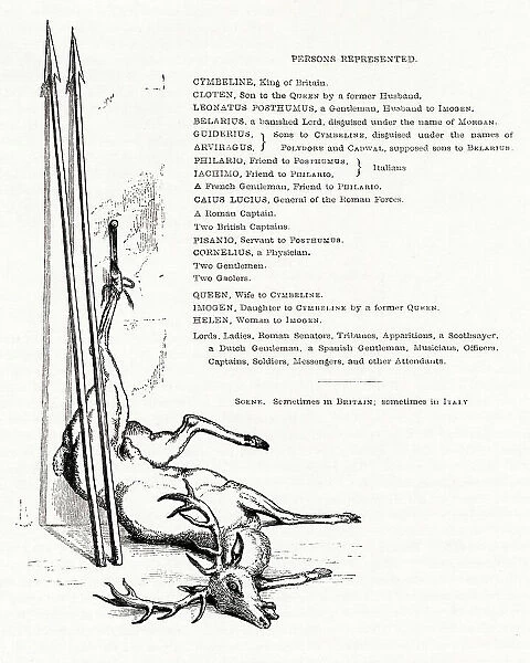 Illustration by Kenny Meadows to Cymbeline, by William Shakespeare. Cast list, with dead deer and two spears. Date: 1840