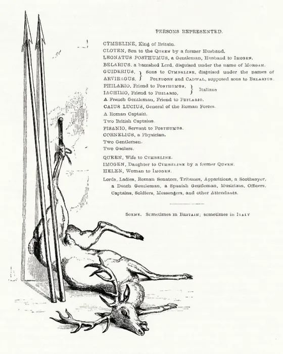 Framed Print : Illustration by Kenny Meadows to Cymbeline, by William Shakespeare. Cast list, with dead deer and two spears. Date: 1840 Framed Print : Illustration by Kenny Meadows to Cymbeline, by William Shakespeare. Cast list, with dead deer and two spears. Date: 1840
