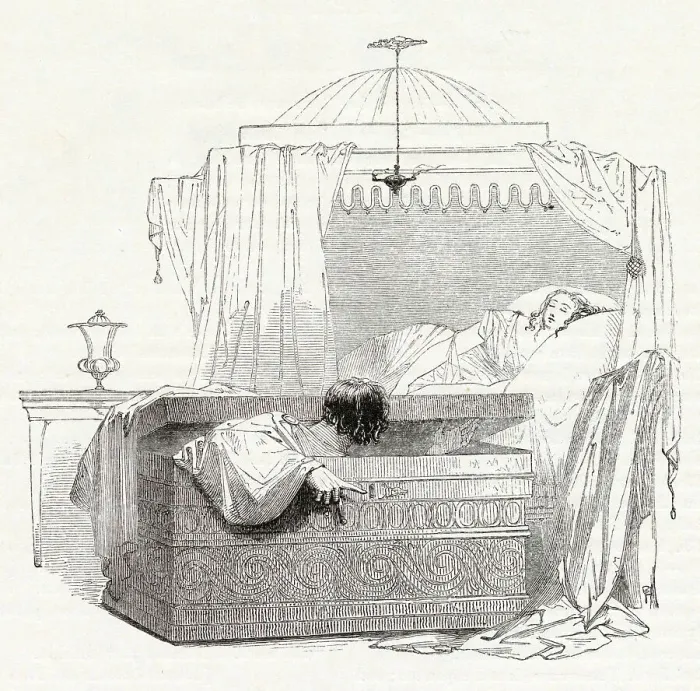 Framed Print : Illustration by Kenny Meadows to Cymbeline, by William Shakespeare. The Italian visitor, Iachimo, hides in a trunk in Imogen's bedroom overnight so that he can note details of her body and the room Framed Print : Illustration by Kenny Meadows to Cymbeline, by William Shakespeare. The Italian visitor, Iachimo, hides in a trunk in Imogen's bedroom overnight so that he can note details of her body and the room