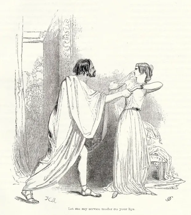 Framed Print : Illustration by Kenny Meadows to Cymbeline, by William Shakespeare. The Italian visitor, Iachimo, attempt to seduce Imogen by hinting that her husband Posthumus is unfaithful to her, but she resists him. Date: 1840 Framed Print : Illustration by Kenny Meadows to Cymbeline, by William Shakespeare. The Italian visitor, Iachimo, attempt to seduce Imogen by hinting that her husband Posthumus is unfaithful to her, but she resists him. Date: 1840