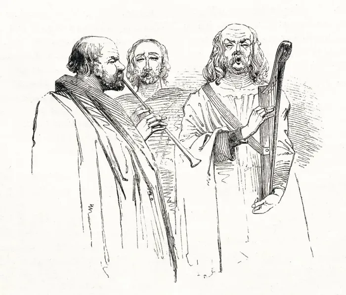 Framed Print : Illustration by Kenny Meadows to Cymbeline, by William Shakespeare. Musicians playing outside Imogen's bedroom to wake her up in the early morning, at Cloten's request. Date: 1840 Framed Print : Illustration by Kenny Meadows to Cymbeline, by William Shakespeare. Musicians playing outside Imogen's bedroom to wake her up in the early morning, at Cloten's request. Date: 1840