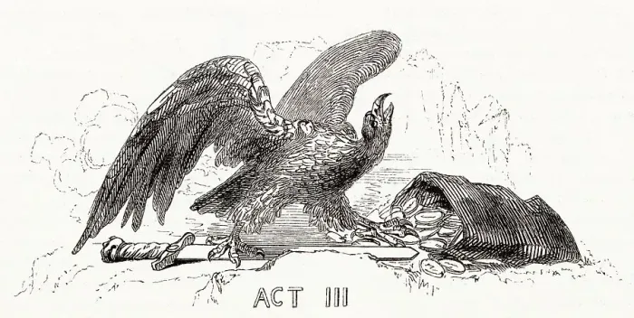 Framed Print : Illustration by Kenny Meadows to Cymbeline, by William Shakespeare. Introductory illustration to Act III, showing an eagle (symbolising the Roman Emperor) with a bag of coins (symbolising tribute money demanded by Rome from the British king)