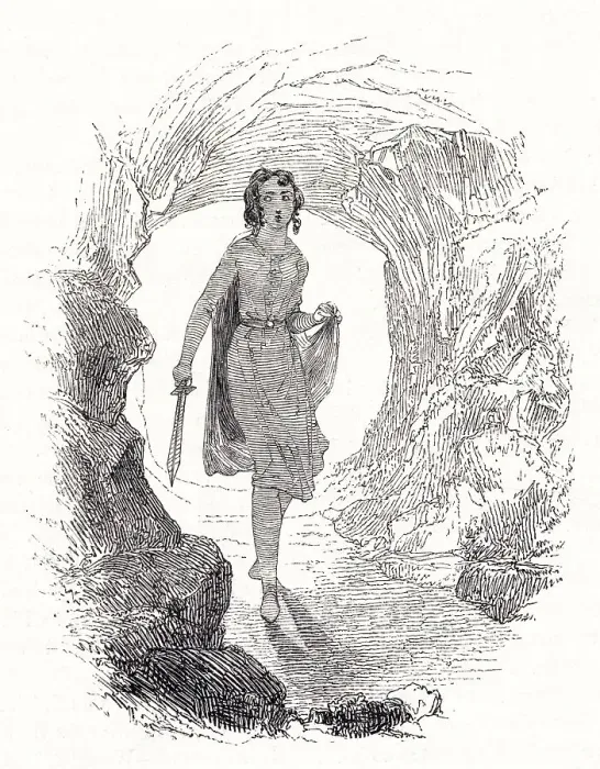 Framed Print : Illustration by Kenny Meadows to Cymbeline, by William Shakespeare. Imogen disguised as a boy, named Fidele. Date: 1840 Framed Print : Illustration by Kenny Meadows to Cymbeline, by William Shakespeare. Imogen disguised as a boy, named Fidele. Date: 1840