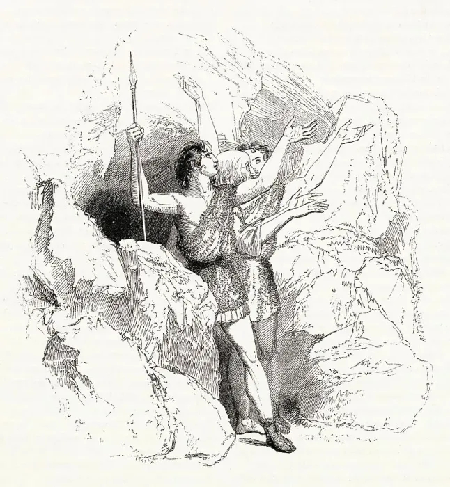 Framed Print : Illustration by Kenny Meadows to Cymbeline, by William Shakespeare. Belarius, Guiderius and Arviragus outside their cave in the wilds of Wales. Date: 1840 Framed Print : Illustration by Kenny Meadows to Cymbeline, by William Shakespeare. Belarius, Guiderius and Arviragus outside their cave in the wilds of Wales. Date: 1840