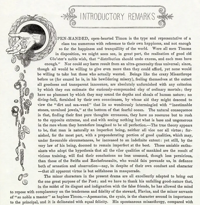 Framed Print : Illustration by Kenny Meadows to Timon of Athens, by William Shakespeare. Introductory Remarks, with a hand showering coins and jewels, to represent Timon's excessive generosity. Date: 1840 Framed Print : Illustration by Kenny Meadows to Timon of Athens, by William Shakespeare. Introductory Remarks, with a hand showering coins and jewels, to represent Timon's excessive generosity. Date: 1840