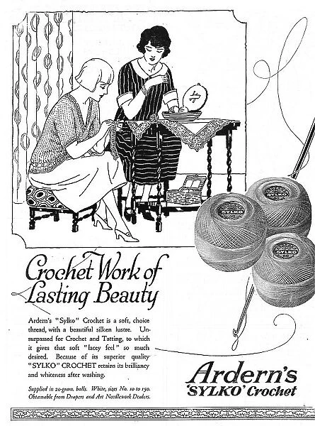 Illustration of two ladies doing their crochet together indoors. Advert for Arderns Sylko Crochet. Date: 1920s