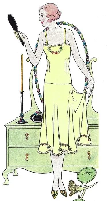 Framed Print : Illustration of a lady in her bedroom admiring her embroidered petticoat in crepe-de-chine Date: 1931 Framed Print : Illustration of a lady in her bedroom admiring her embroidered petticoat in crepe-de-chine Date: 1931