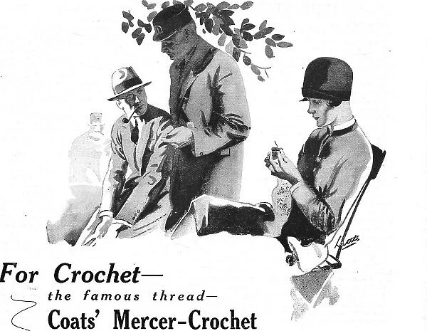 Illustration of a lady in a cloche hat working on her crochet while sitting outdoors while the men have a conversation. Advert for Coats Mercer Crochet. Date: 1920s