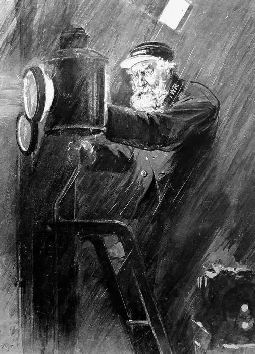 Framed Print : Illustration of lighthouse keeper lighting the lamp Framed Print : Illustration of lighthouse keeper lighting the lamp