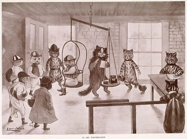 Illustration by Louis Wain, showing cats as humans being weighed before a horse race