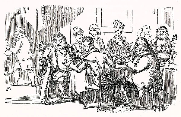 Illustration, The Newcomes, by Thackeray, showing a group of men dining at a table, with a boy standing on the left. Date: first published 1850s