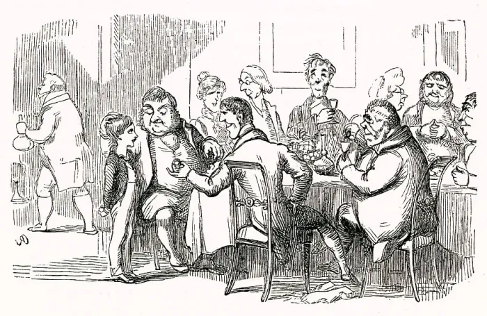 Framed Print : Illustration, The Newcomes, by Thackeray, showing a group of men dining at a table, with a boy standing on the left. Date: first published 1850s Framed Print : Illustration, The Newcomes, by Thackeray, showing a group of men dining at a table, with a boy standing on the left. Date: first published 1850s