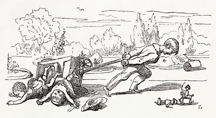 Framed Print : Illustration, The Newcomes, by Thackeray, showing a badly behaved boy upsetting his two little brothers from a go-cart. Date: first published 1850s Framed Print : Illustration, The Newcomes, by Thackeray, showing a badly behaved boy upsetting his two little brothers from a go-cart. Date: first published 1850s