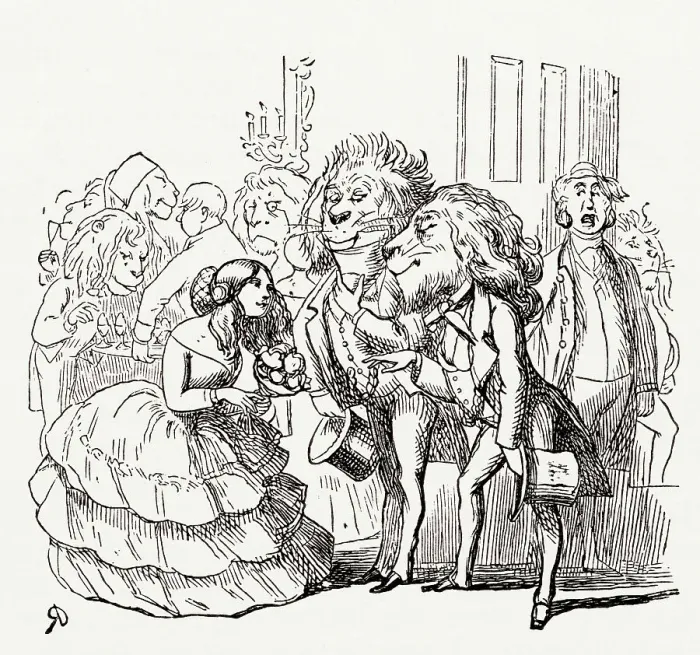 Framed Print : Illustration, The Newcomes, by Thackeray, showing a group of people socialising, including a few lions'. Date: first published 1850s Framed Print : Illustration, The Newcomes, by Thackeray, showing a group of people socialising, including a few lions'. Date: first published 1850s